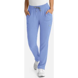 Light blue women's pull-on pants with an elastic waistband and pockets, featuring a logo on the side.