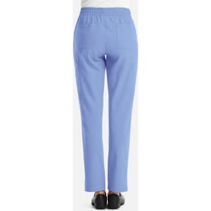 A pair of women's full elastic pull-on pants in light blue, featuring a smooth waistband and back pockets.