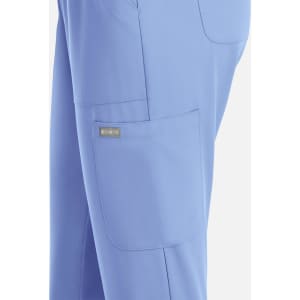 A pair of women's full elastic pull-on pants in light blue with a side pocket and a subtle logo.