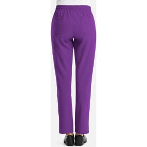 A pair of women's full elastic pull-on pants in vibrant purple, featuring back pockets and a relaxed fit.