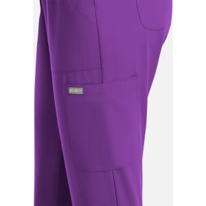 A pair of women's full elastic pull-on pants in vibrant purple, featuring side pockets and a branded logo.
