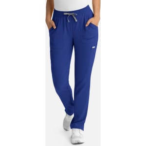 A pair of women's full elastic pull-on pants in a vibrant blue, featuring pockets and a drawstring waist.