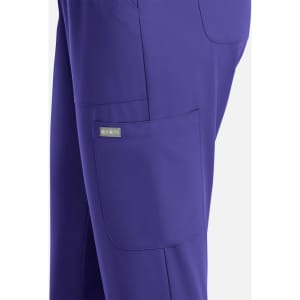 A pair of women's full elastic pull-on pants in purple, featuring side pockets and a logo.