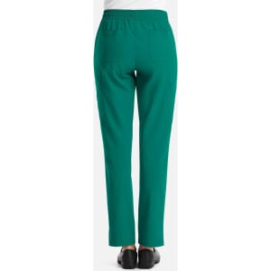 A pair of women's full elastic pull-on pants in vibrant teal, featuring a simple back design with pockets.