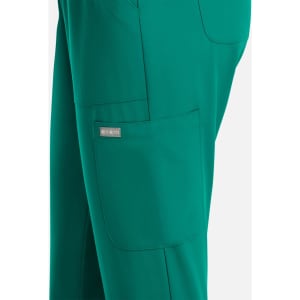 A pair of women's pull-on pants in a vibrant teal colour, featuring side pockets and a branding logo.