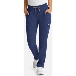 A pair of women's full elastic pull-on pants in navy blue, featuring side pockets and a drawstring waist.