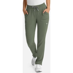 A pair of women’s full elastic pull-on pants in olive green, featuring side pockets and a drawstring waistband.
