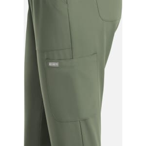 A pair of women's full elastic pull-on pants in olive green, featuring a side pocket and a logo.