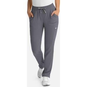 A pair of women's full elastic pull-on pants in grey with pockets and a drawstring, featuring a logo.