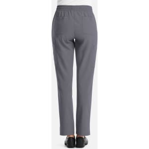 A pair of women's full elastic pull-on pants in grey, featuring back pockets and a comfortable waistband.