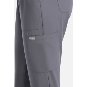 A pair of women's full elastic pull-on pants in grey with a side pocket and branding.