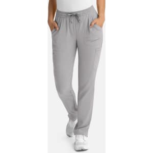Light grey women's full elastic pull-on pants with pockets, featuring a drawstring waistband and a logo.