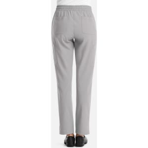 A pair of women's full elastic pull-on pants in grey, featuring a smooth design and two back pockets.