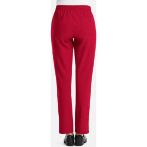 A pair of red women's pants featuring a full elastic waistband and two back pockets.