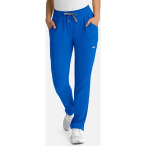 A pair of women's full elastic pull-on pants in bright blue, featuring pockets and a drawstring waist.