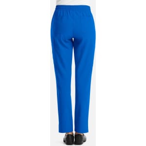 A pair of women's full elastic pull-on pants in bright blue, showing the back view with a simple design and branding.