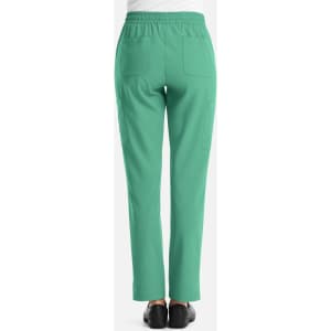 A pair of women's pull-on pants in a vibrant green colour with an elastic waistband and two back pockets.
