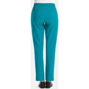 A pair of turquoise women's pants with a full elastic waistband and two back pockets.