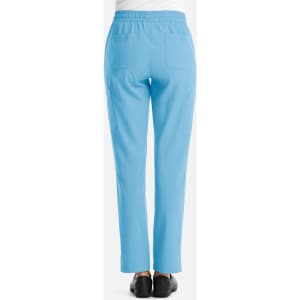 A pair of women's full elastic pull-on pants in light blue, featuring back pockets and a comfortable fit.