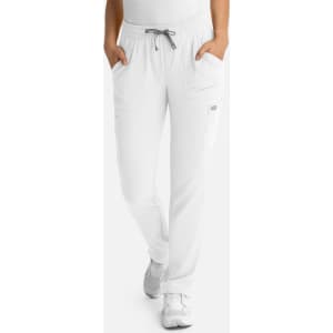 White full elastic pull-on pants with pockets and a drawstring, featuring a subtle logo on the side.