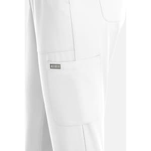 A pair of white women's pull-on pants with full elastic waistband and side pockets, featuring a logo.
