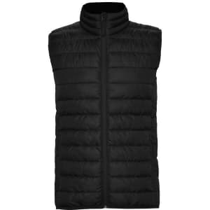 A black padded vest with a high collar and a front zip, featuring a logo on the chest.
