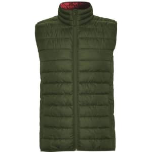 A green padded vest with a high collar and a zip front, featuring a contrasting inner lining.