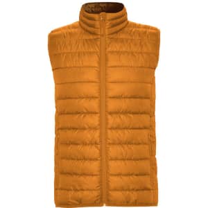A padded vest in a vibrant orange colour, featuring a high collar and zip closure, with a logo on the front.