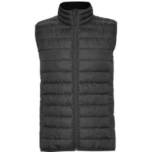 A black padded vest with a high collar and zippered front, featuring a logo. Ideal for layering in cooler weather.