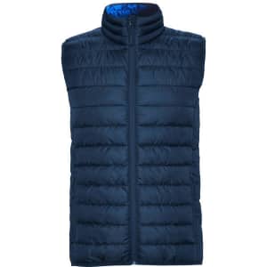 A navy padded vest with a high collar, featuring quilted detailing and a zipper down the front, includes a logo.