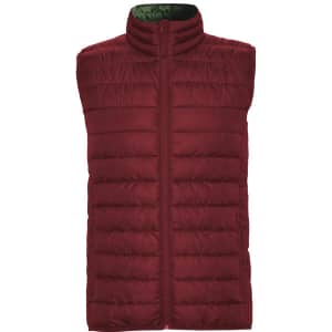 A burgundy padded vest with a high collar and front zipper, featuring a contrasting inner lining and a logo.