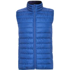 A blue padded vest with a high neck and zip front, featuring horizontal seams and no sleeves.