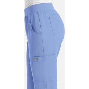 A pair of women's yoga waist joggers in light blue, featuring side pockets and a smooth waistband.