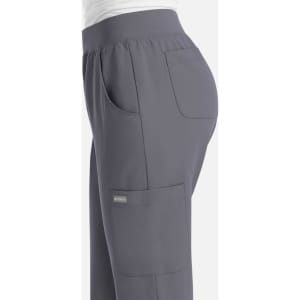 A grey women's jogger featuring a high waistband and side pockets, showcasing a comfortable fit.