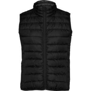 A black padded vest with a high collar and zip front, featuring a logo on the chest.