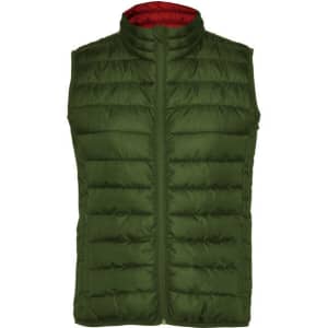A green padded vest with a red interior and a high collar, featuring a zip closure and a branding logo.
