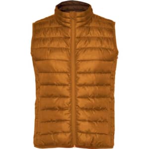 A padded vest in a rich orange-brown colour, featuring a zip front and vertical stitching. It has a logo on the design.