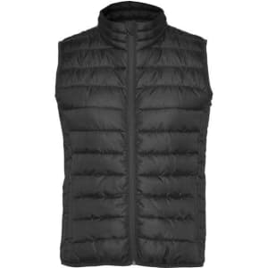 A black padded vest with a high collar and front zip, featuring a branded logo.