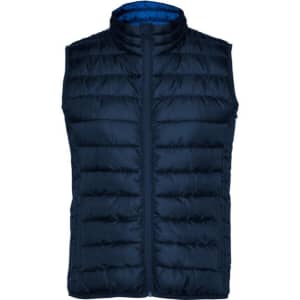 A women's padded vest in navy blue with a zip front and a quilted design. Features a contrasting blue interior and a logo.
