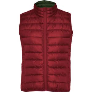 A maroon padded vest for women with a green inner lining. Features a stand-up collar and zip closure.