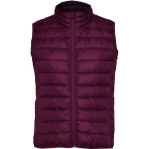 A maroon padded vest with a high collar and a zippered front. It features a logo on the left side.