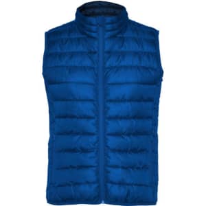 A blue padded vest with a zip front and high collar, featuring horizontal quilted detailing and a logo.