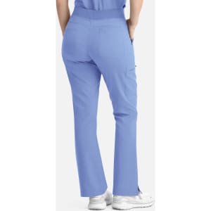 A pair of women's flare leg pants in light blue, featuring a full elastic band and back pockets.