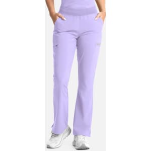 Full elastic band flare leg pant in light purple, featuring pockets and a logo. Suitable for casual wear or work attire.