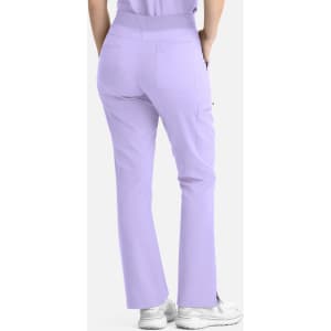 A pair of women's flare leg pants in lilac, featuring an elastic waistband and pockets. The design showcases the back view.