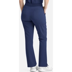 Flare leg pants in navy blue with an elastic waistband and pockets, featuring a subtle logo.