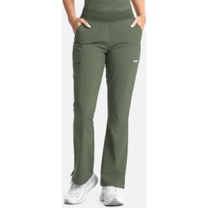 Women's flare leg pants in olive green with full elastic waistband and pockets, featuring a logo on the side.