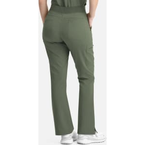 Full elastic band flare leg pants in olive green, featuring pockets and a fitted waist. The model is seen from the back.