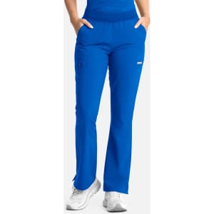 Full elastic band flare leg pant in bright blue, featuring pockets and a logo on the side.