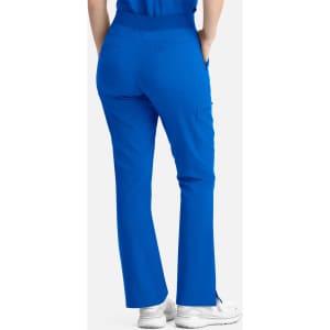 Blue full elastic band flare leg pants with pockets, featuring a waistband and a slight flare at the legs.